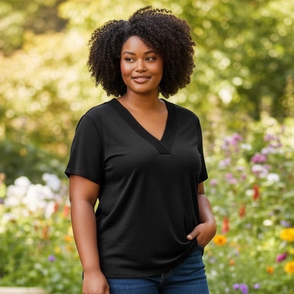 Cable & Gauge Black V-Neck Short Sleeve Knit Sweater Top Plus Size 1X C36711W